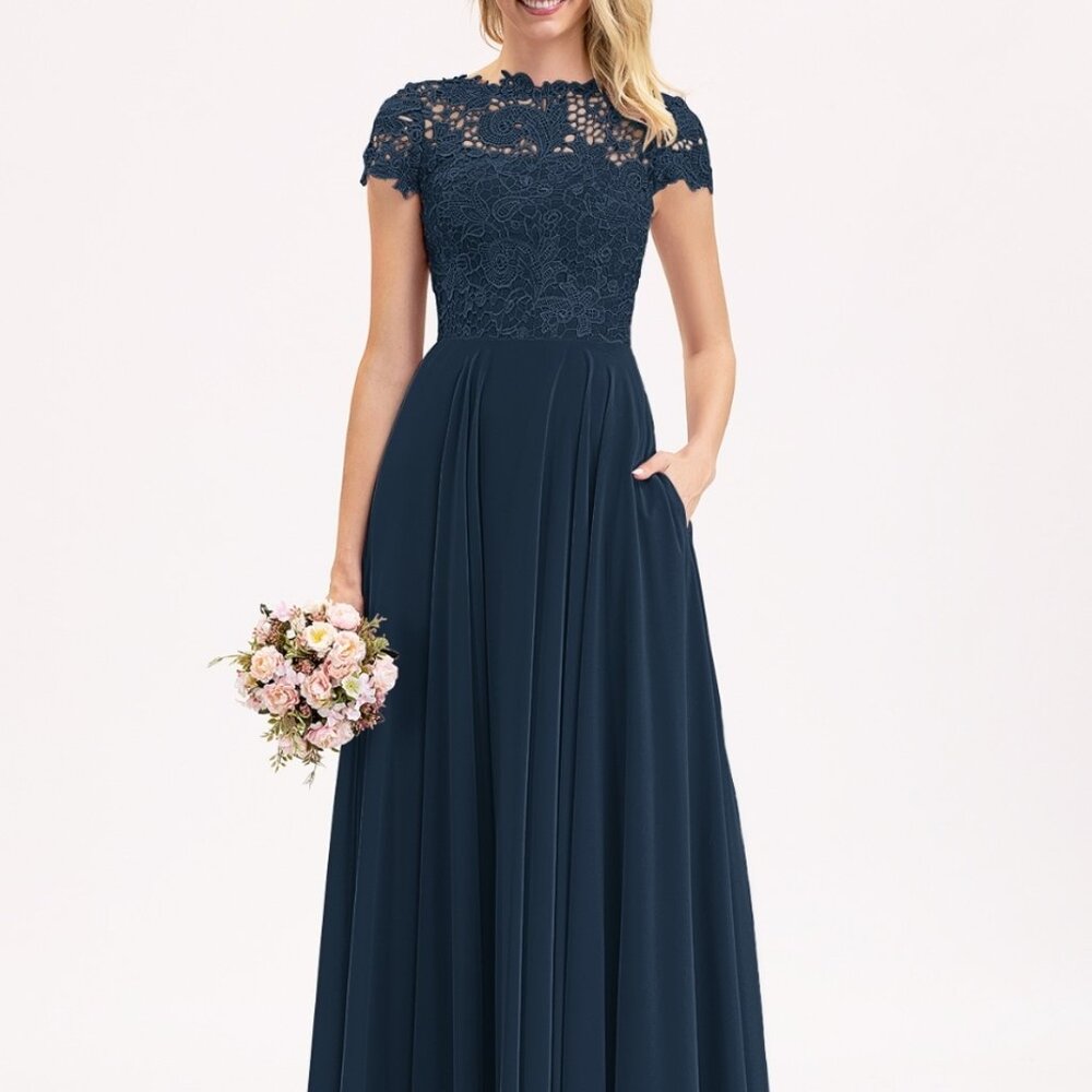 JJ’s House Lace & Chiffon A-Line Bridesmaid Dress - Dark Navy - Size 6
